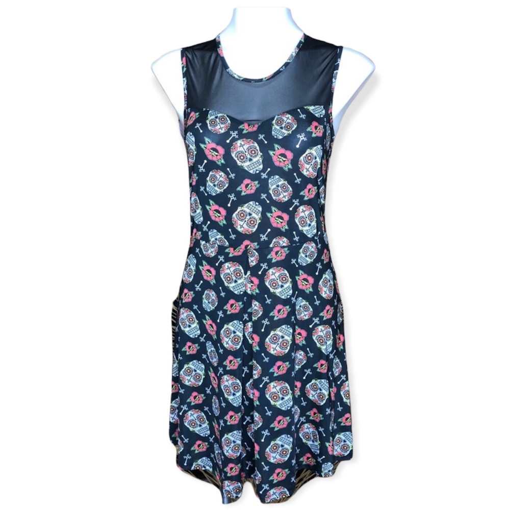 HOT TOPIC Sugar Skull Midi Dress Skeleton Sugar Skull Cross Black Medium